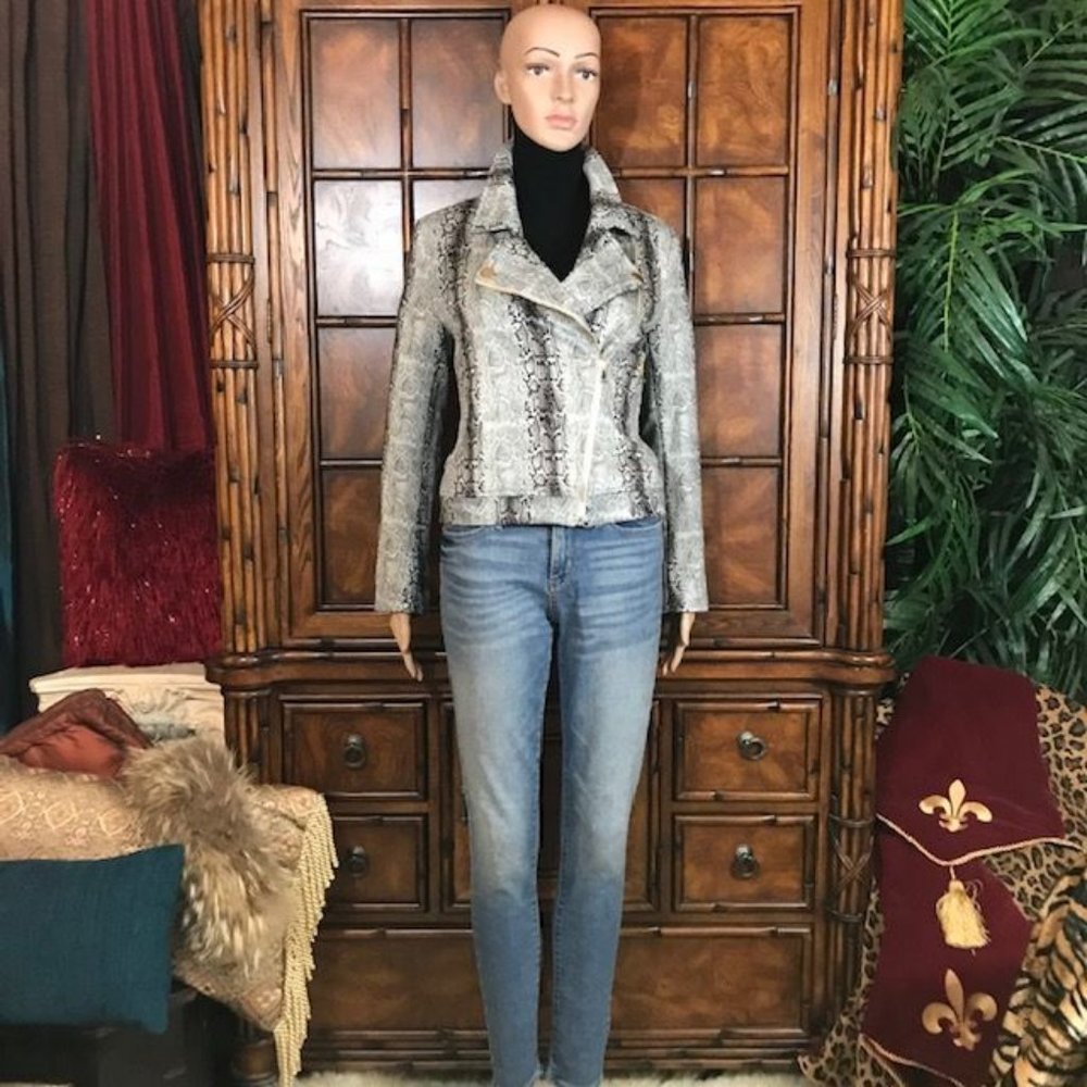 Stone Skinny Python Zip Sleeve Moto Jacket - Picture 6 of 16